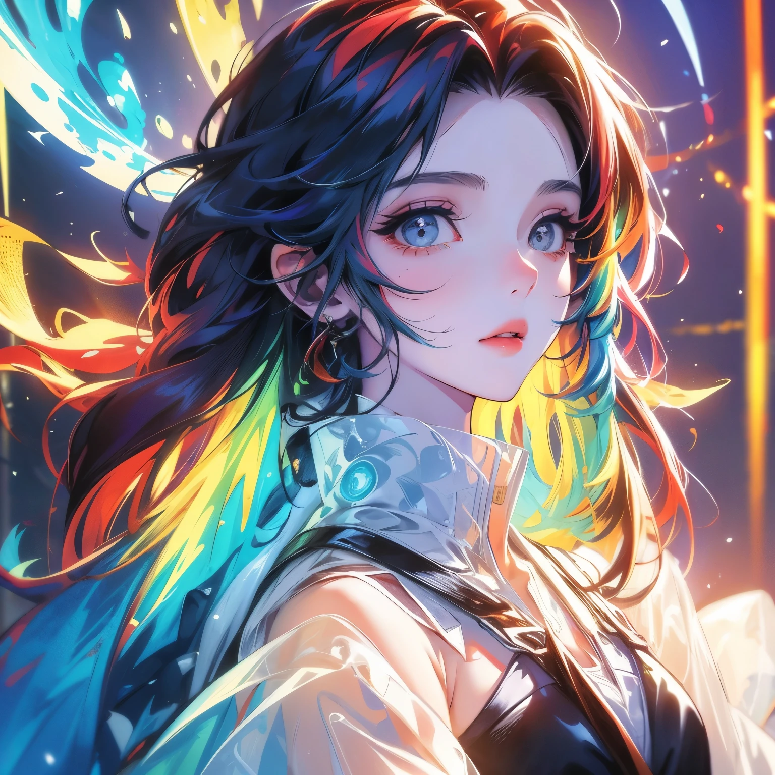 portrait, natural eyes,summer outfit, sleeves, colorfoul,rainbow shiny hair, lights,Masterpiece, Best Quality, 4K, Sharp Focus. by AYMSHANK,Julia Razumova's and style of Carne Griffiths