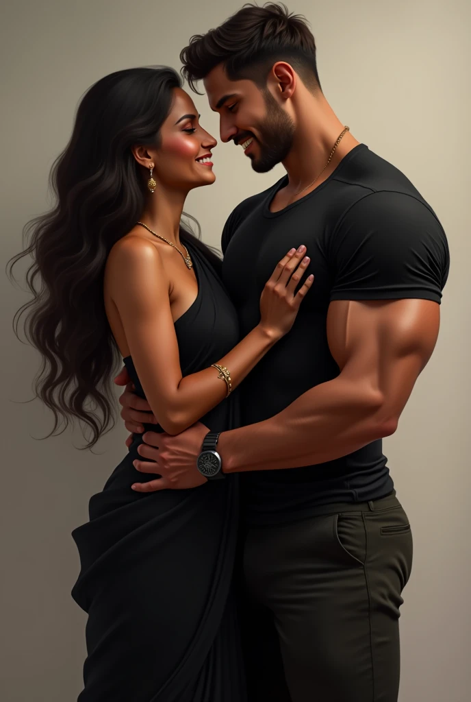 I want a picture with a muscular and tall handsome man dressed with black shirt and white pant carrying a curvy beautiful indian brown girl in both hands with black saree loose hair falling beautifully over them carrying her close to his chest looking into his eyes and both smilling
