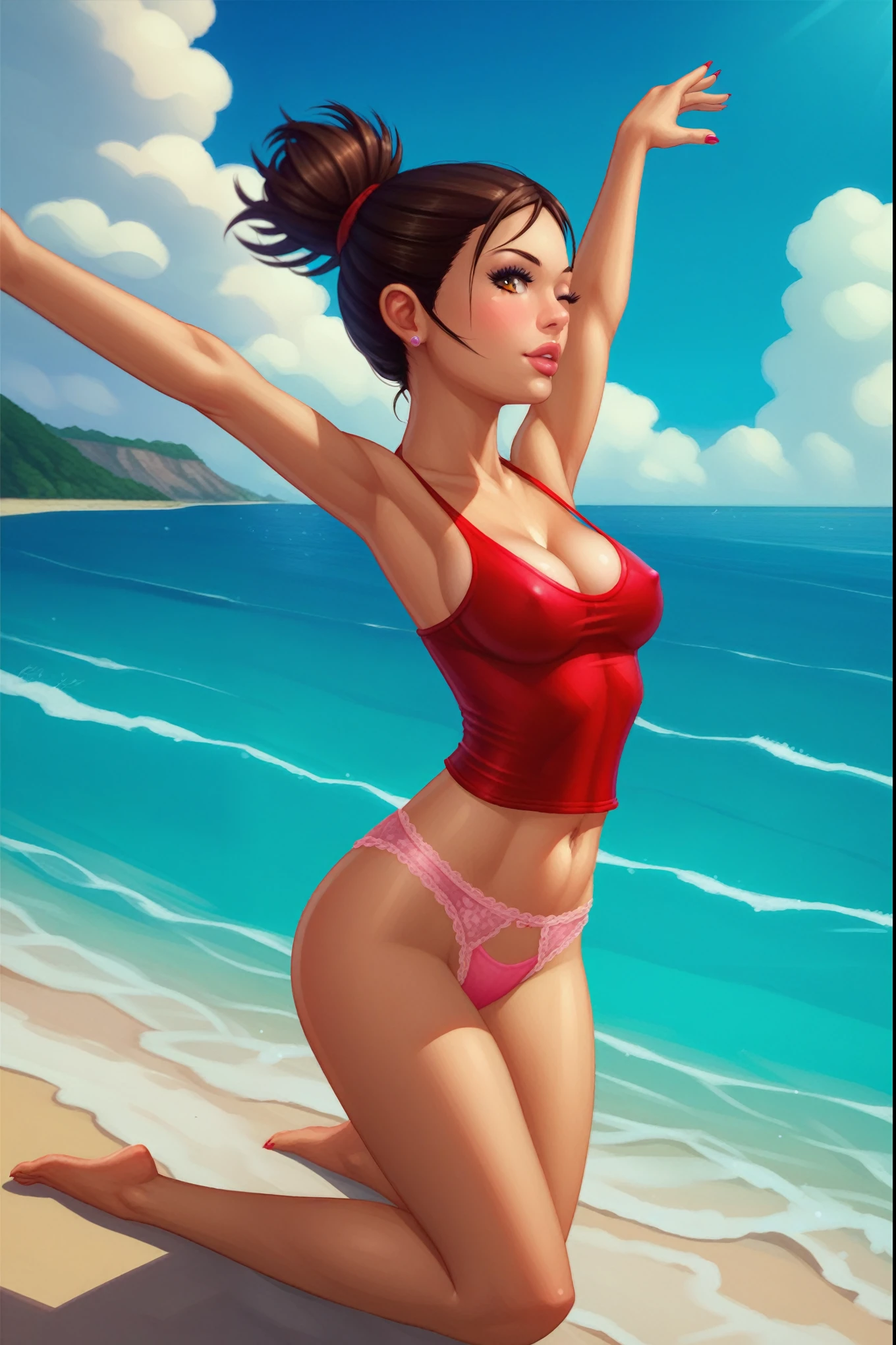 drawing of a woman in light pink lace panties on the beach, tight red tank, exposed belly, Ilya Kuvshinov. 4K, artgerm e ilya kuvshinov, 极其详细的Artgerm, Ilya Kuvshinov e Artgerm, soft anime cg art, realistic bikini, Paisagem de Ilya Kuvshinov, Rob Rey and Kentaro Miura style
