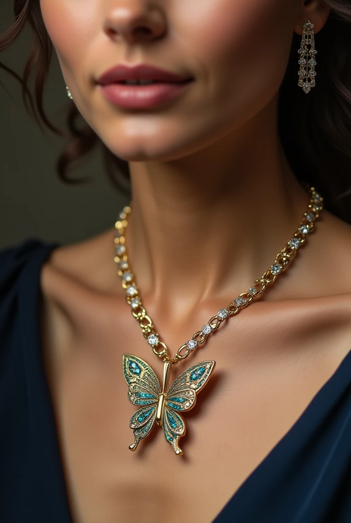close up of a female neck, gold necklace with ultra-detailed butterfly-shaped pendant, gold, blue diamonds forming the wings, very valuable jewel, elegant woman in party dress with matching jewelry