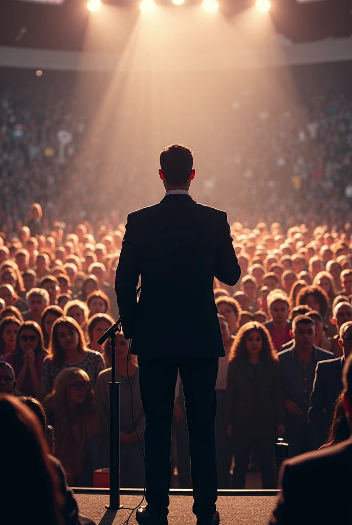 Crowd of people standing behind me, me with mic and standing infront of them