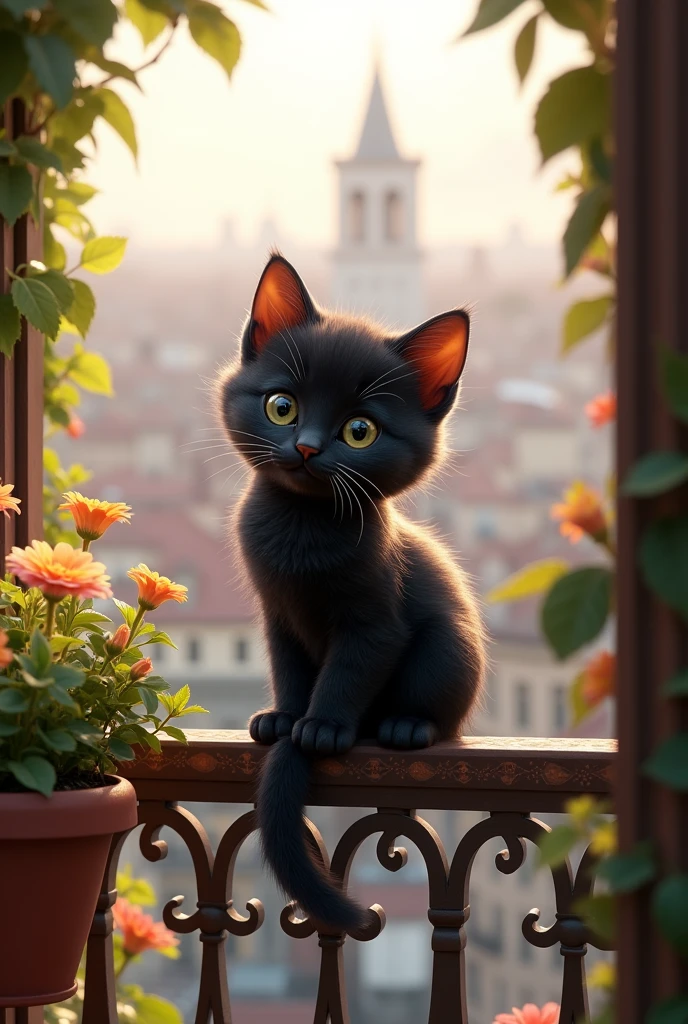 black kitten with balcony