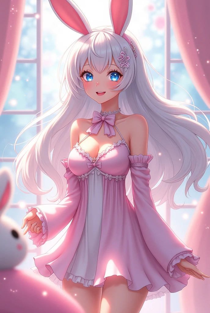 Anime art style, enchanting Sister's Gojo, 1, captivating blue eyes shimmering with creativity, pale porcelain skin radiating softness, flowing luxurious white hair cascading elegantly over shoulders, enticing hourglass figure accentuated by delicate curves, mid-length stature exuding grace, dazzling bunny costume made of silky fabric with playful accents, tantalizing bowtie and matching furry ears, adorned with subtle patterns enhancing allure, set against a whimsical backdrop of animated wonder, pastel colored bokeh creating an ethereal atmosphere, composition emphasizing her joyful expression and inviting gestures, wide smile inviting connection, sparkling accents in eyes reflecting playfulness, vibrant color palette blending soft pinks, radiant whites, electric blues, crafting a perfect harmony between character and setting, dynamic anime style with clean bold lines and exaggerated proportions enhancing visual appeal, illustrative techniques capturing depth in fabric folds and textures, subtle shimmers across her costume reflecting ambient light, ideal proportions showcasing classic anime aesthetics while embracing an aura of modernity, intricately detailed craftsmanship highlighting each element, creating a masterpiece that vibrates with life, harnessing the essence of contemporary anime artistry
