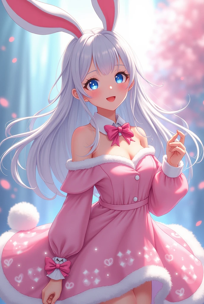 Anime art style, enchanting Sister's Gojo, 1, captivating blue eyes shimmering with creativity, pale porcelain skin radiating softness, flowing luxurious white hair cascading elegantly over shoulders, enticing hourglass figure accentuated by delicate curves, mid-length stature exuding grace, dazzling bunny costume made of silky fabric with playful accents, tantalizing bowtie and matching furry ears, adorned with subtle patterns enhancing allure, set against a whimsical backdrop of animated wonder, pastel colored bokeh creating an ethereal atmosphere, composition emphasizing her joyful expression and inviting gestures, wide smile inviting connection, sparkling accents in eyes reflecting playfulness, vibrant color palette blending soft pinks, radiant whites, electric blues, crafting a perfect harmony between character and setting, dynamic anime style with clean bold lines and exaggerated proportions enhancing visual appeal, illustrative techniques capturing depth in fabric folds and textures, subtle shimmers across her costume reflecting ambient light, ideal proportions showcasing classic anime aesthetics while embracing an aura of modernity, intricately detailed craftsmanship highlighting each element, creating a masterpiece that vibrates with life, harnessing the essence of contemporary anime artistry