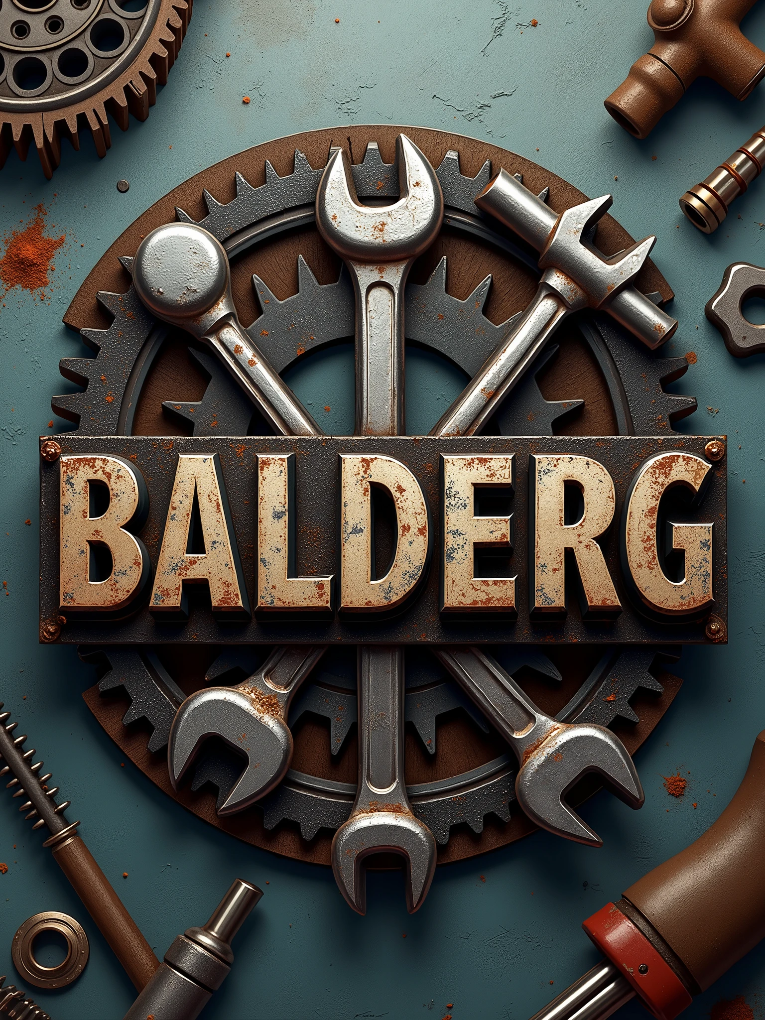 Create a logo with the word "BalderG" as the main one. with letters made of tools, with a workshop in the background