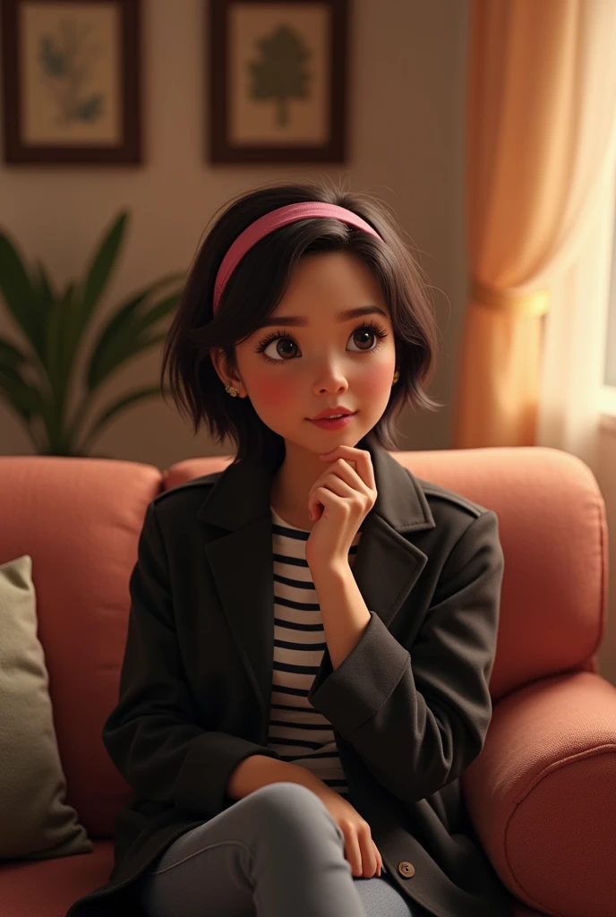 A woman with short black hair and a pink headband thinking and reflecting on a new idea, she is wearing a black coat, striped shirt, She's sitting on the couch in the living room, disney pixar style 3d.