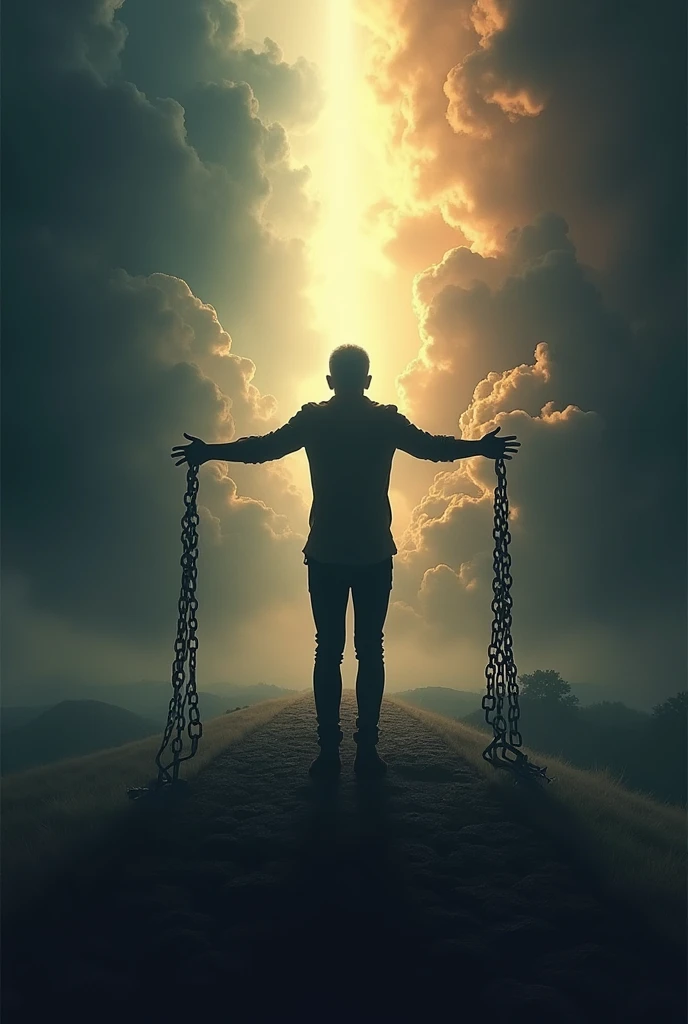 "A figure stands with their back facing the viewer, arms outstretched as chains break apart from their wrists. The background transitions from dark and stormy on one side to bright and peaceful on the other, symbolizing a journey from oppression to freedom. The figure's posture exudes relief and newfound liberation."