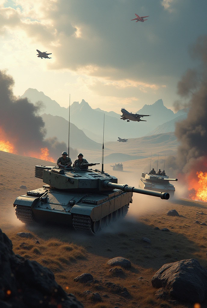 Create me a wallpaper and add the name HabibiBlümchen on an epic modern battlefield with jets and tanks