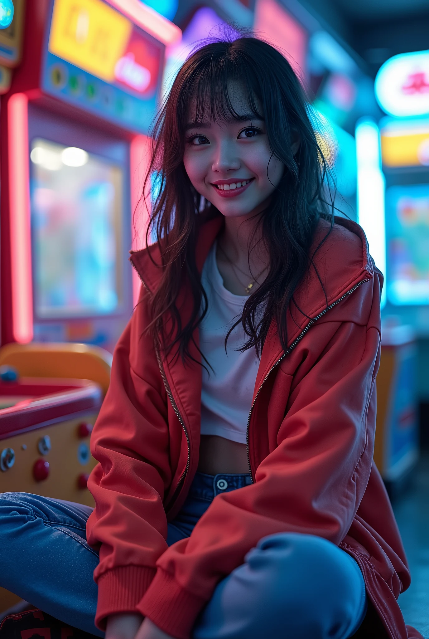 one person、High resolution、smile、High resolution、masterpiece、Anatomically correct、Person Portrait、Background blur、Super Real Photo、High resolution、Dramatic image、Harajuku casual fashion、dynamic、The perspective of the shot is quite far away、Capture the whole subject。Capture the whole subject、Beautiful decoration、Sitting cross-legged、Sitting background:Game Center in Kabukicho