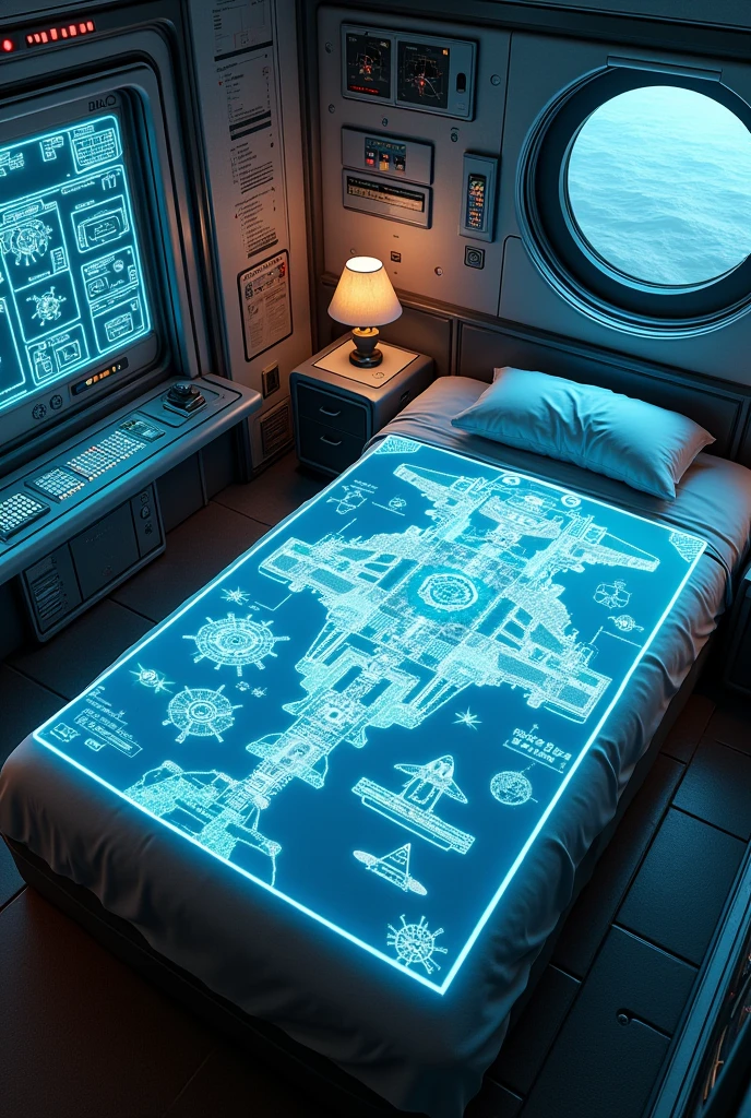 space ship, room with map of the ship&#39;s locations on top of the bed 