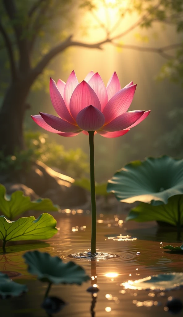 Create a 3D animated scene of a lotus flower slowly blooming in a muddy pond. The flower should stand tall above the muddy water, with sunlight breaking through the trees to illuminate the petals. The animation should emphasize the contrast between the murky surroundings and the vibrant, pure flower. The overall feel should evoke a sense of resilience and beauty emerging from difficult conditions.