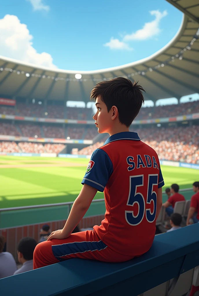 A boy wearing cricket kit in stadium bench name sada 55 on the back of the shirt