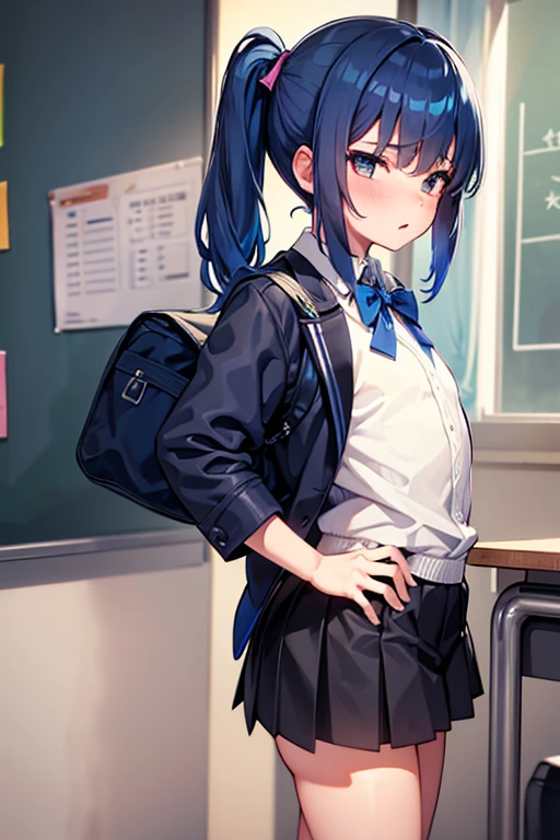 , blue hair, side ponytail, small penis, masturbation, classroom, large amount of , pleasure