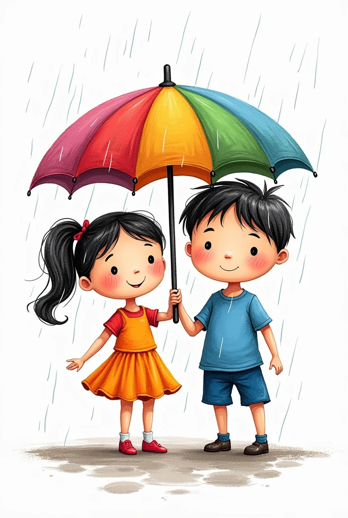 Crayons drawing of girl and boy in umbrella