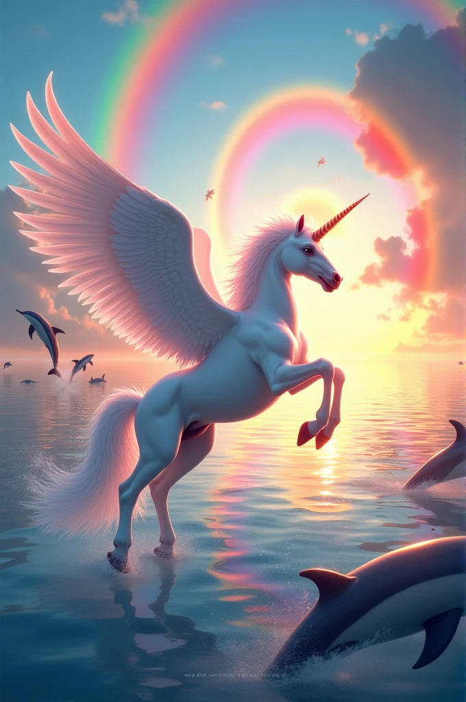 Unicorn flying over the sea with jumping dolphins and rainbows