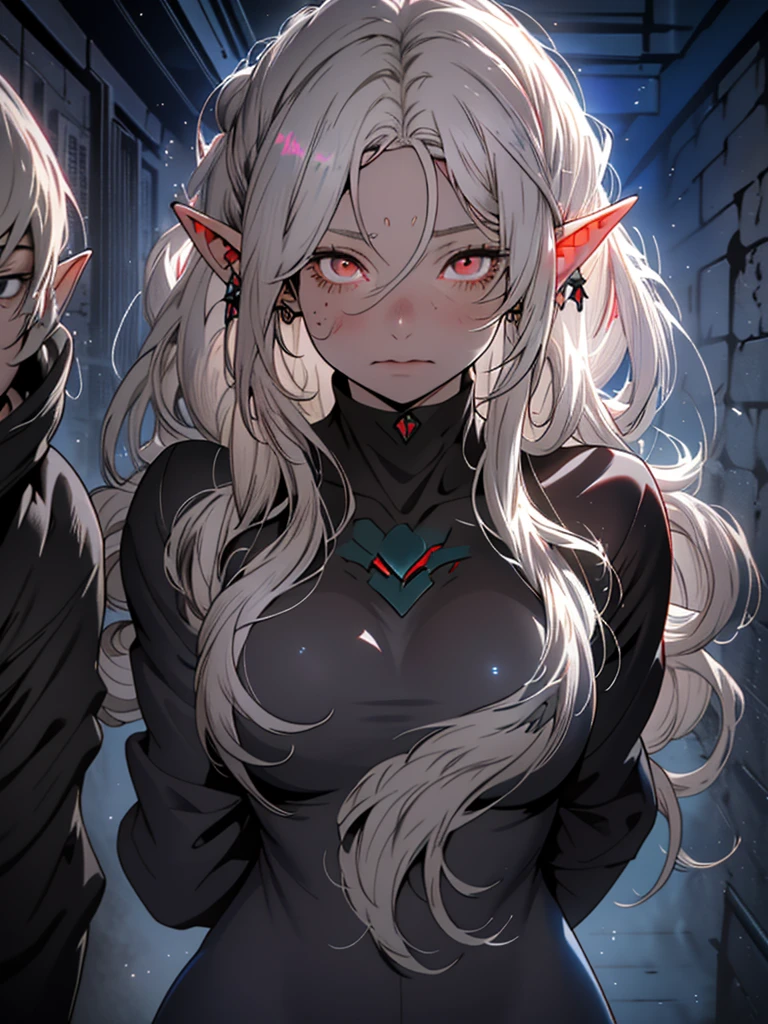 high-quality, ultra-detailed, 1girl, white hair, long disheveled hair, colored skin, ((gray skin)) red eyes, glowing eyes, underground scene, V0id3nergy, elf, elf ears, pointed ears, blue aura,