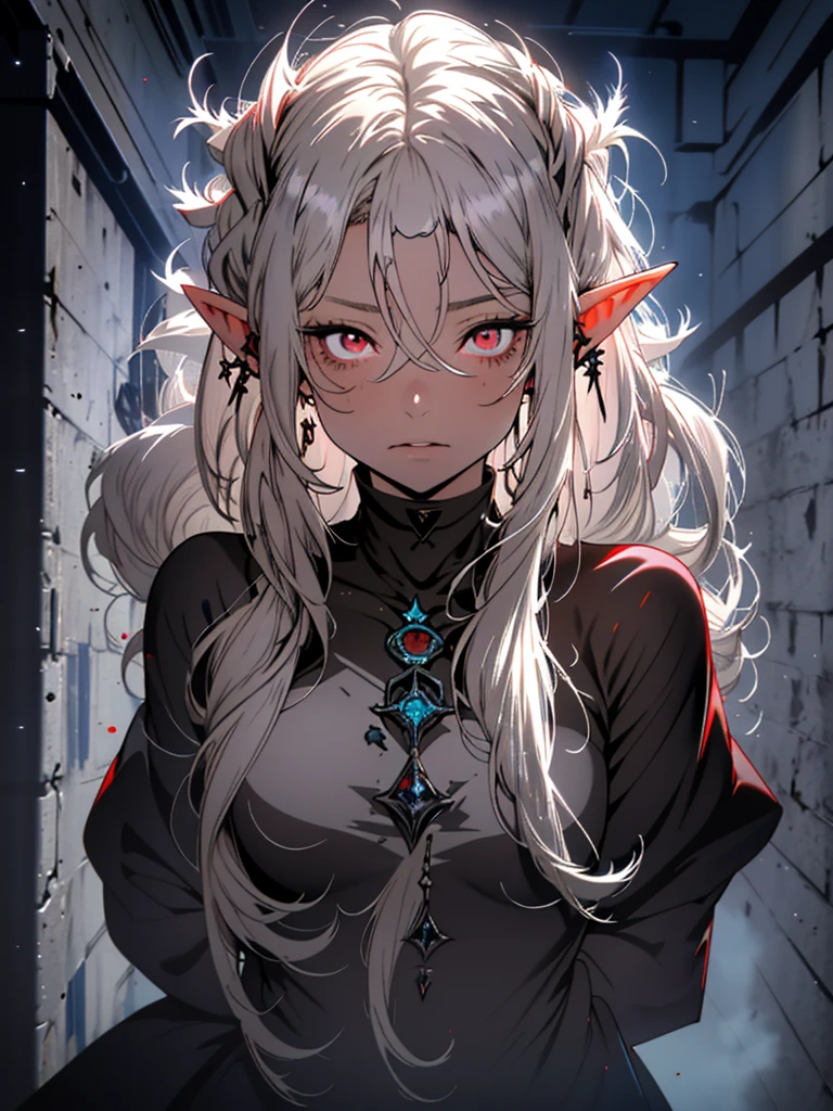 high-quality, ultra-detailed, 1girl, white hair, long disheveled hair, colored skin, ((gray skin)) red eyes, glowing eyes, underground scene, V0id3nergy, elf, elf ears, pointed ears, blue aura,