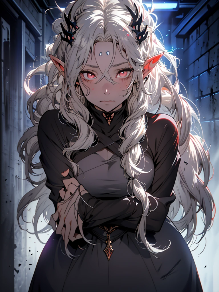 high-quality, ultra-detailed, 1girl, white hair, long disheveled hair, colored skin, ((gray skin)) red eyes, glowing eyes, underground scene, V0id3nergy, elf, elf ears, pointed ears, blue aura,