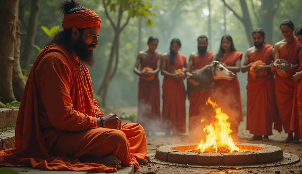 Brahmin man seating front of "agni kund" and some people holding a animal in front of them. One man holding a sward for kill that animal. Generate image of sacrificial animal in hindu festival