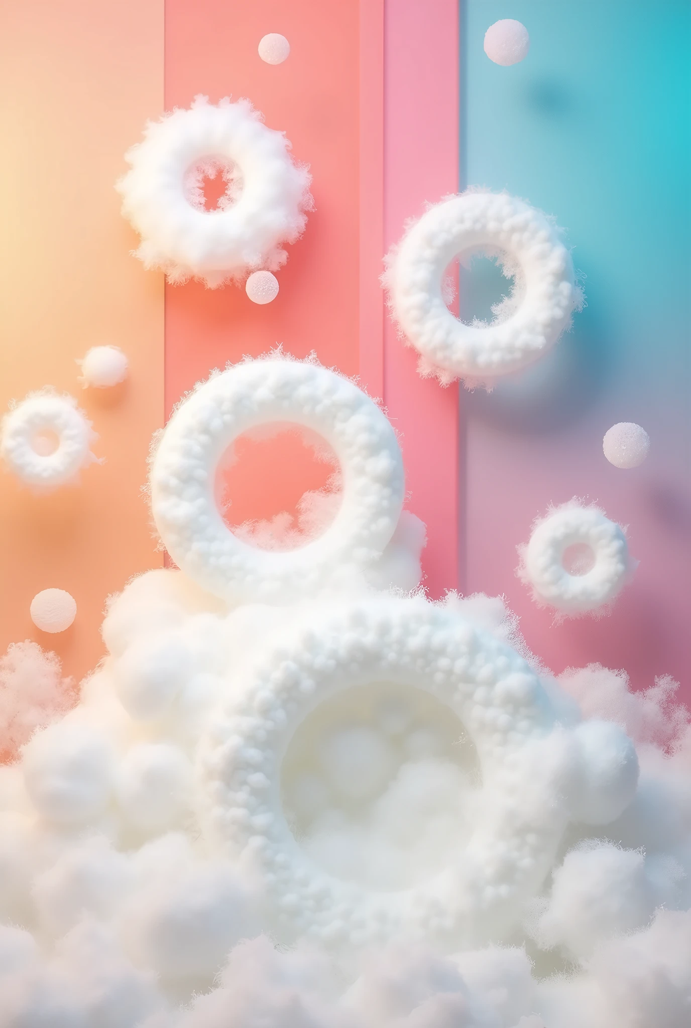 many separate white big circles that are randomly arranged on the background and do not touch each other with a fluffy texture white round soap foam made of large transparent bubbles on a flat colorful background --ar 1:1 --style raw --stylize 250