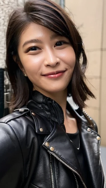 Highest quality,masterpiece,Ultra-high resolution,Black leather jacket、Black Leather Skirt、nice smile