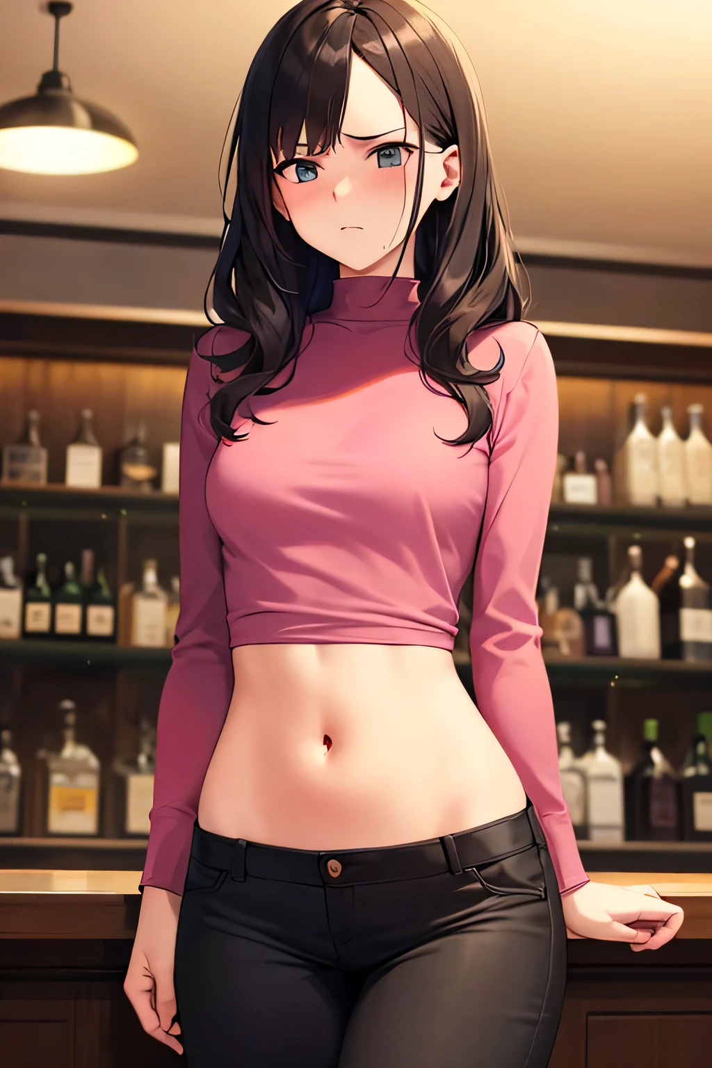 super fine illustration, vibrant colors, masterpiece, sharp focus, best quality, depth of field, cinematic lighting, ultra detailed, crop top , long sleeves, slim pants, navel, tummy, 1 woman, solo, milf, slender, full face blush, annoyed, mature female, tall woman, looking down, dark hair, long hair, annoyed, curly hair, pink shirt, stomach, small breasts, indoors, bar