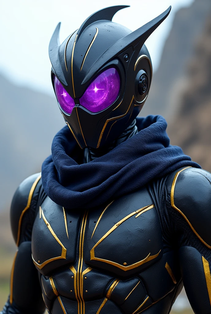 Futuristic, kamen rider, with a sharp eyes purple glow, with medium armor dominan black suit and gold line colored, torn dark blue scraf