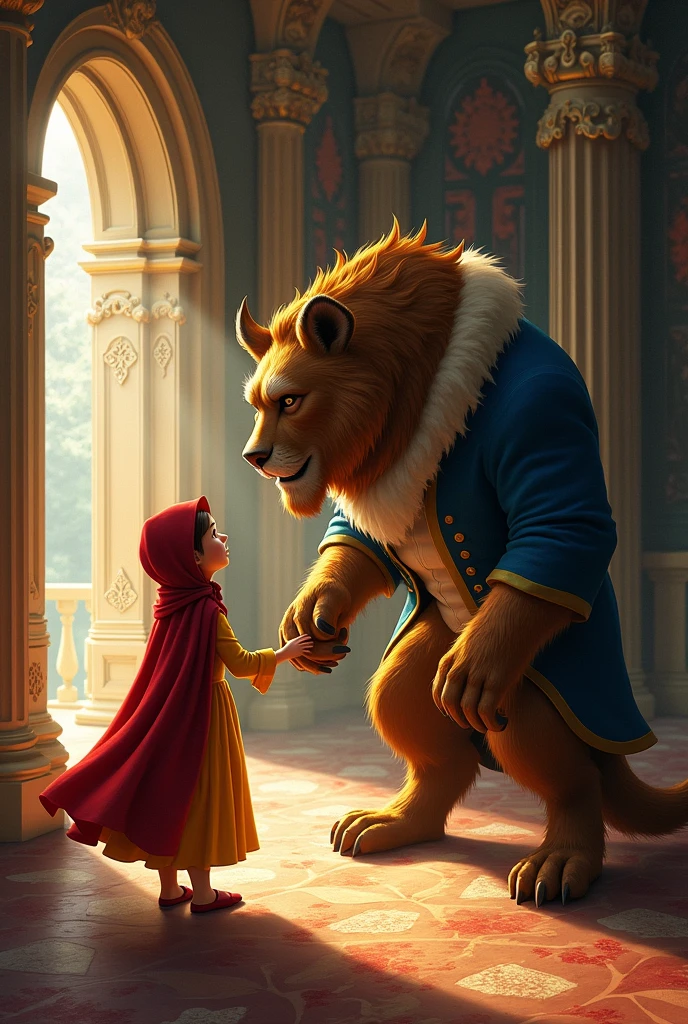 
When Little Red Riding Hood arrived at the castle,
she was received by the beast. Initially scared, she soon realized that the beast was gentle and lonely. The young woman started talking to him and they discovered that they both had something in common.: the desire for freedom and friendship
