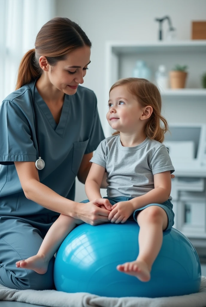 Photo of a physiotherapist in a steel blue uniform performing treatment on a child with Down syndrome sitting on a vestibular ball