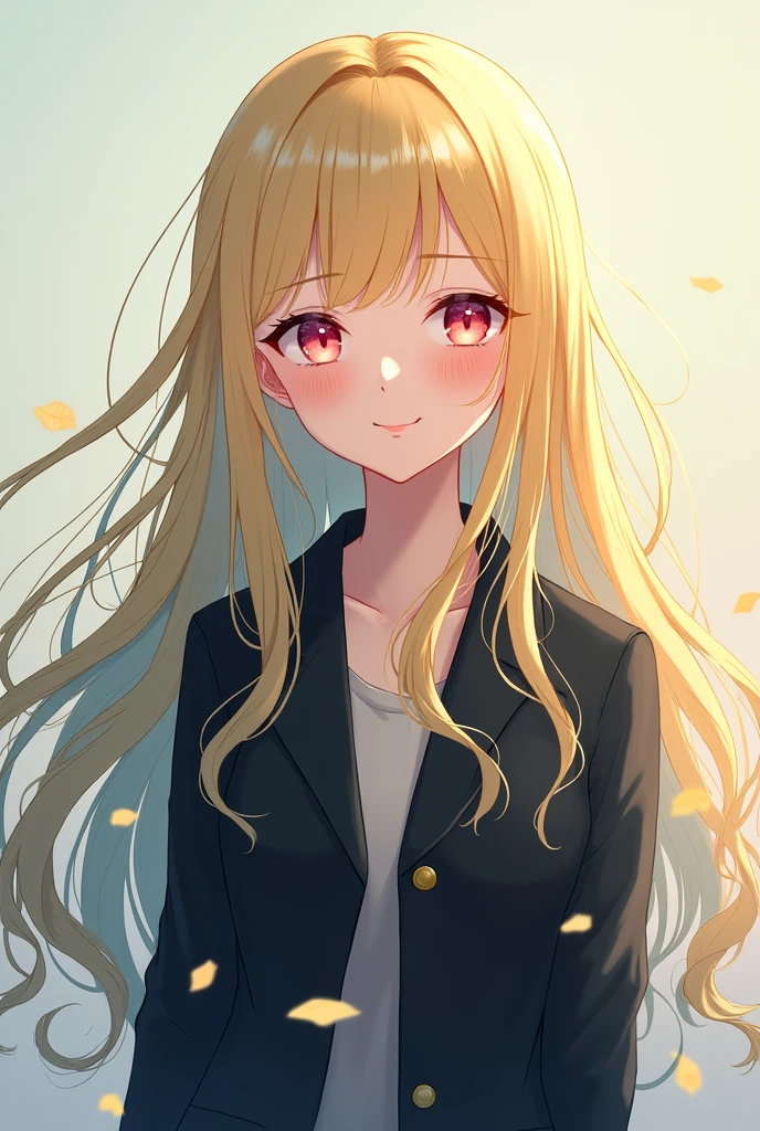 one girl,long hair peace and yellow and cyan,pink eye,smile,black coat