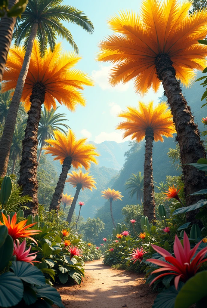 Create an image with several yellow Ypê and pink Ypê trees, various cacti and bromeliads bloom