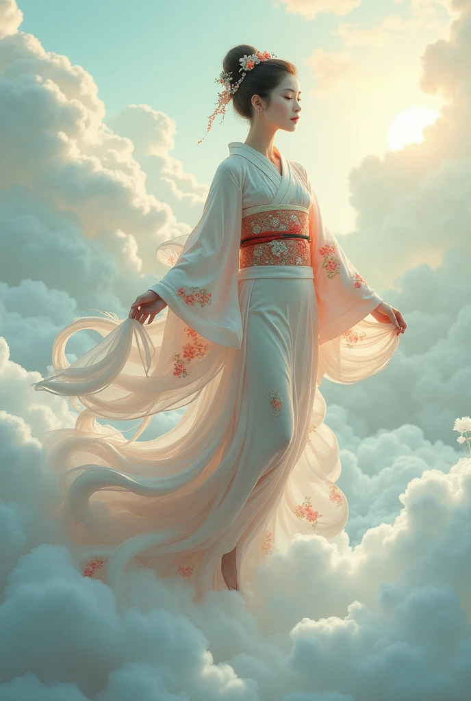 Beautiful woman in the clouds, full body Japanese

