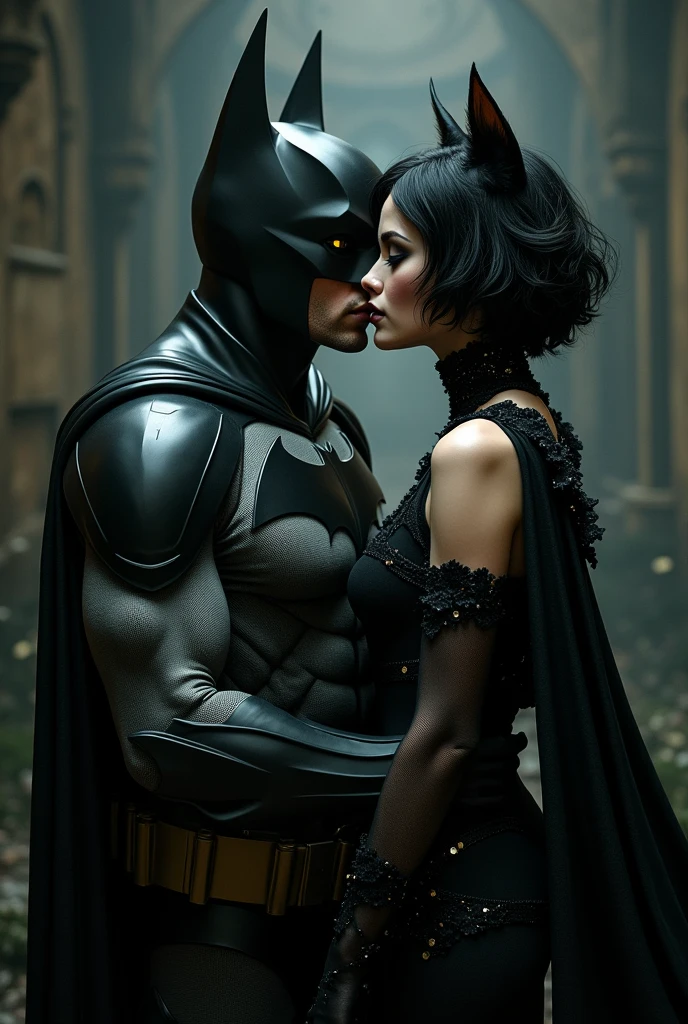 A woman with short black hair down to her shoulders, with small black cat ears, yellow eyes with cat pupils, BLACK LIPS, busy gothic clothing, has a black cat tail, Batman was kissing the woman&#39;s body.