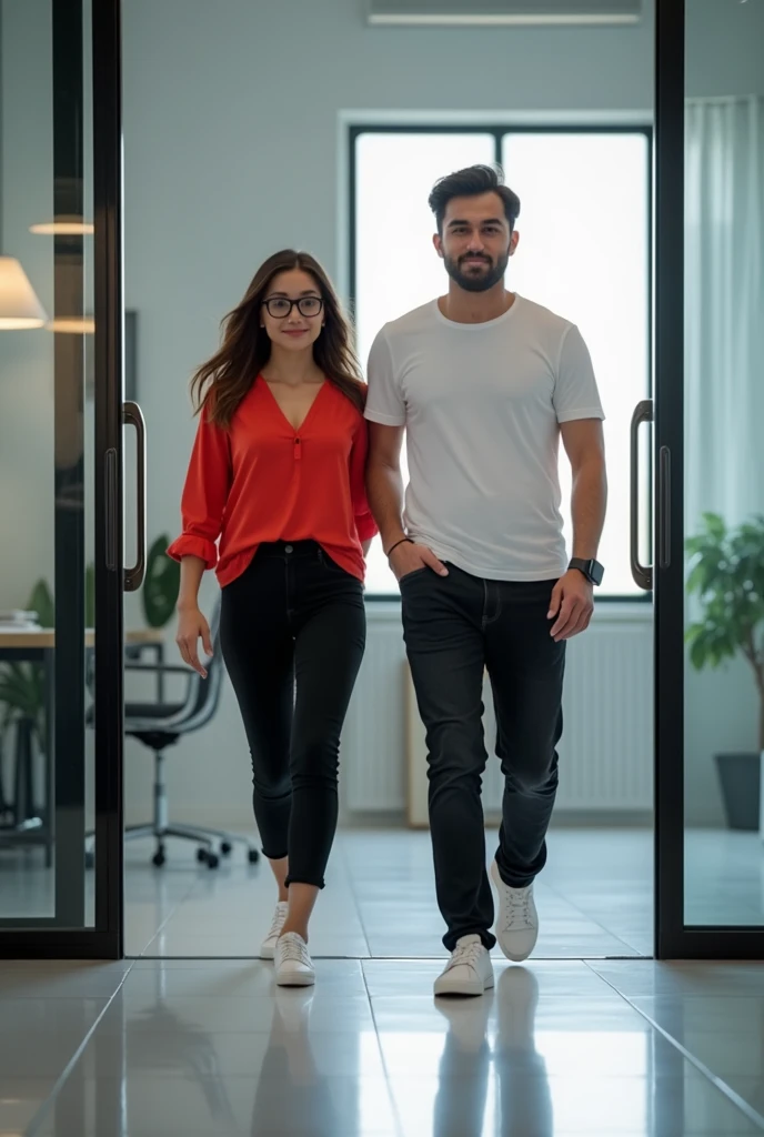 A young man wearing a white half Shirt, black jeans, white shoes and a smart watch opens the glass door of his office from outside and a young woman wearing a red top, black pant, white shoes and specs opens the door from inside.