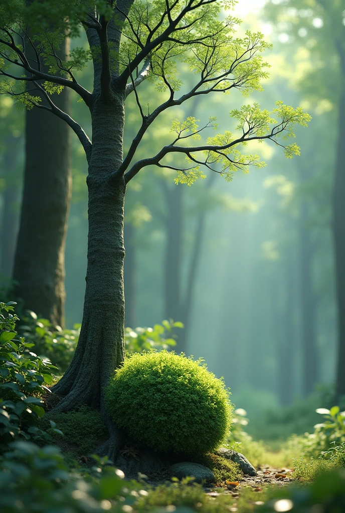 bush next to a tree with small branches that have other small branches in a forest