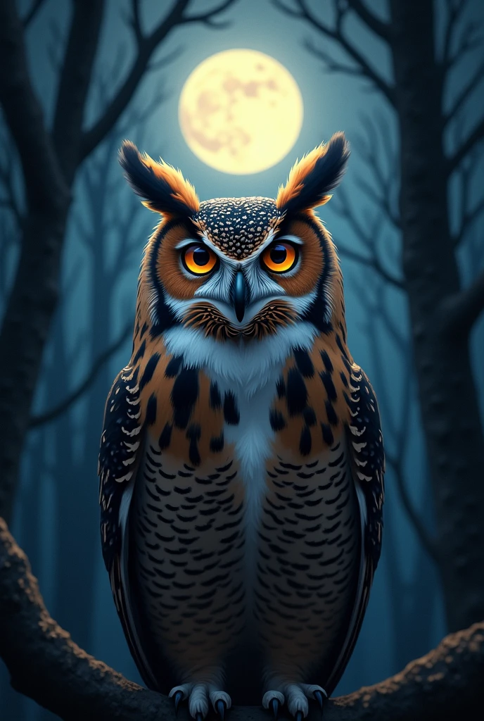 Realistic illustration of an owl from the front, with the background of a full moon and a dark forest