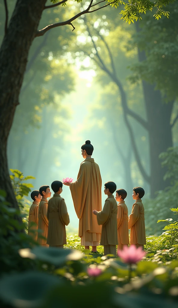 Design a 3D animated scene where Buddha, in serene robes, is walking through a dense, peaceful forest with his disciples. The forest is filled with tall, ancient trees and soft sunlight filters through the leaves, creating a dappled effect on the ground. Buddha pauses to observe a lotus flower, with his disciples gathered around, looking on with curiosity. The scene should capture the calm and wisdom of Buddha, with attention to the natural beauty around them.