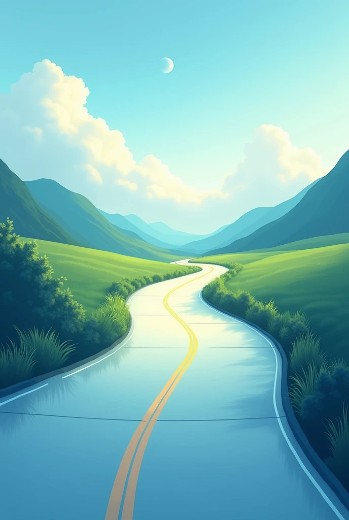 「Create a smooth and beautifully curvilinear road illustration。The road continues into the distance、Please imagine a bright future ahead.。The colors are refreshing tones based on blue and green.、The overall design should evoke a sense of hope.。