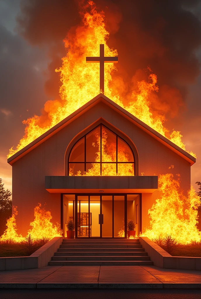 A modern church building with sleek, contemporary architecture and a large cross on top is engulfed in intense flames, especially around the roof area. The structure includes large glass windows, a minimalist entrance, and a modern steeple. The fire is vividly animated, with flames rising high and the surrounding area darkened, making the fire the focal point