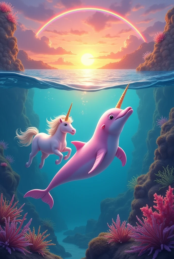 Make a pink dolphin with unicorns with a rainbow sunset in the sea with corals