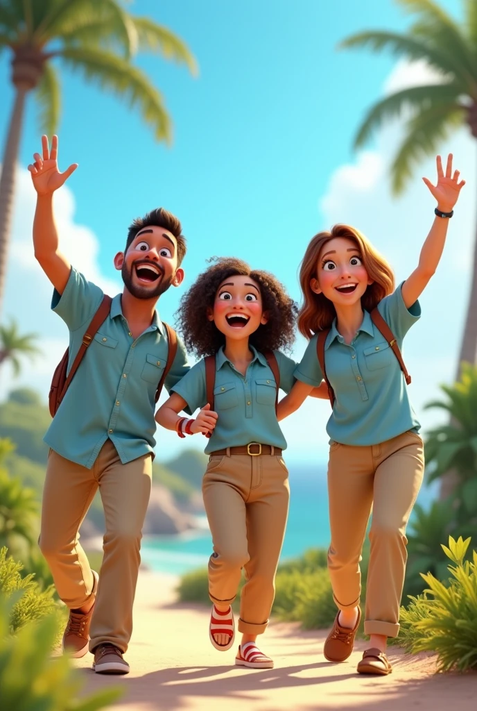 Cartoon of friends having fun on vacation together,  3D animation film poster, Poster de animated film, pixar 3d animation style, pixar renderman render, maya 8 k, animated film, Disney Pixar Style 3D, happy friends go out together, all wearing light blue shirts and cream-brown long pants, Light blue shirt, cream brown pants, plein-air, vacation, Disney Pixar animation poster