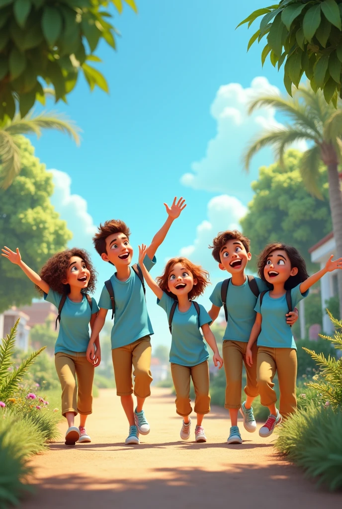 Cartoon of friends having fun on vacation together, 3D animation film poster, Poster de animated film, pixar 3d animation style, pixar renderman render, maya 8 k, animated film, Disney Pixar Style 3D, happy friends go out together, all wearing light blue shirts and cream-brown long pants, Light blue shirt, cream brown pants, plein-air, vacation, Disney Pixar animation poster