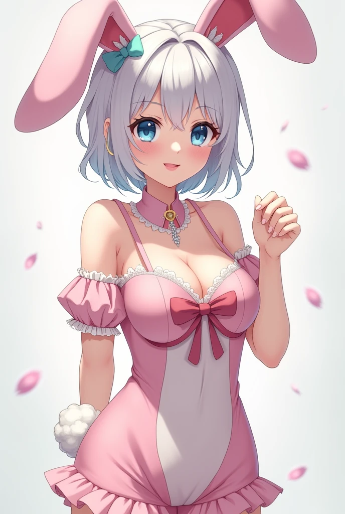 Anime art style, Sister's gojo, 1, blue eyes, pale skin, white hair, hourglass figure and average height, dressed in a bunny costume