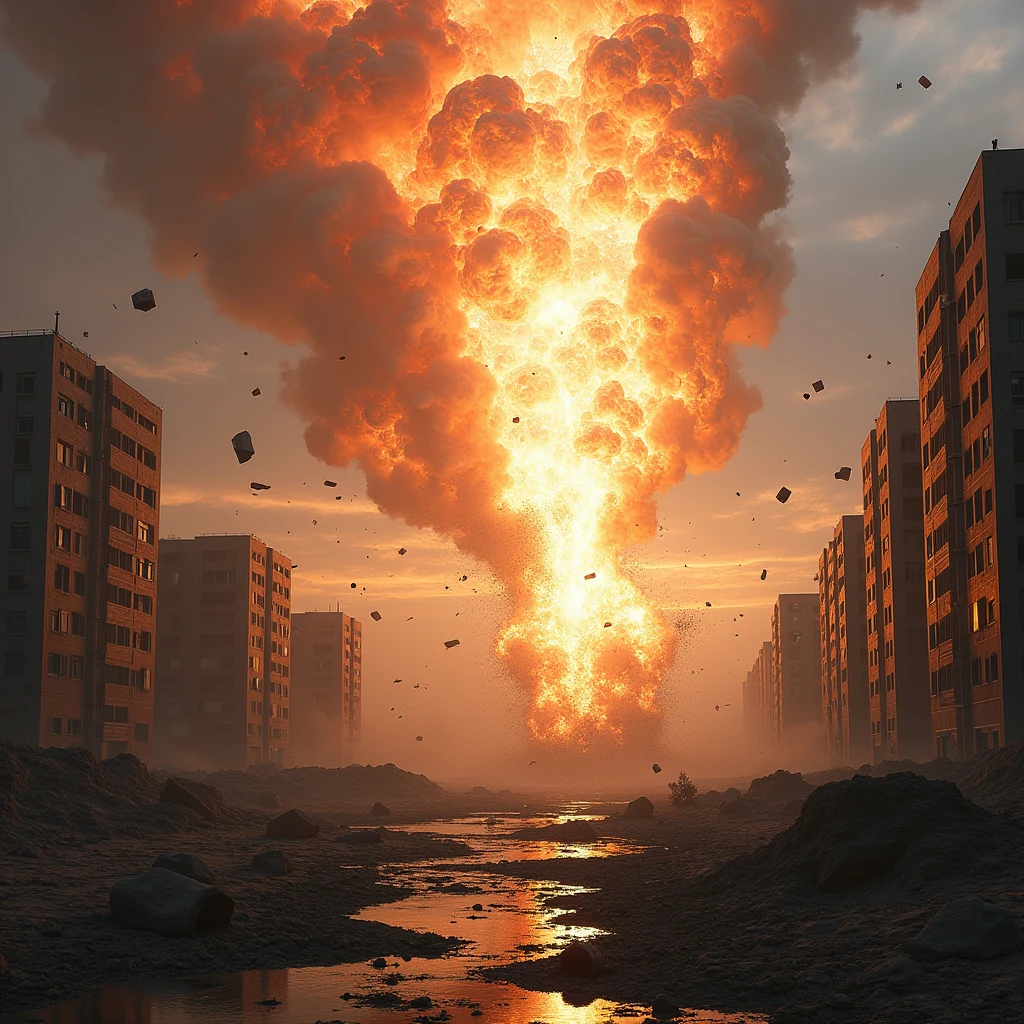 A meteorite hit the earth creating a wave of strong sound plunder buildings like sand