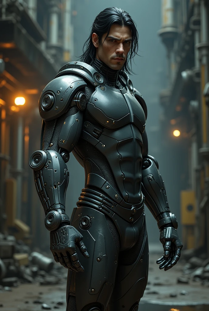 A black haired black eyed man with a mechanical arm 