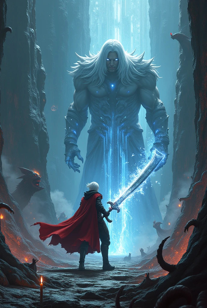 Devil may cry 5, Dante with his sword with ice powers and rays coming out of his eyes in a place with monsters and fantastic animals