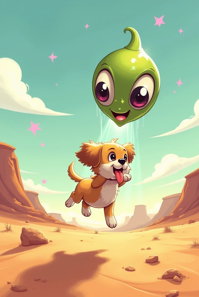 generate a cartoon image of a little dog abducted by an alien creature in the desert..with the French "bitch mom abduct me"