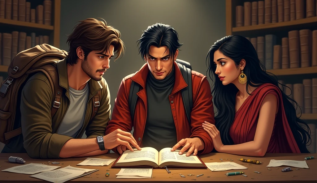 "A close-up of a wooden table cluttered with old papers and a single dusty book. The book has a hidden compartment with a cryptic riddle. The table is surrounded by shelves filled with leather-bound volumes. Alex(Alex: A man with tousled brown hair, dressed in a brown jacket over a gray t-shirt. He has a rugged, adventurous look, carrying a backpack, suggesting he's ready for a journey or an outdoor adventure.) is examining the book, while Jamie (Jamie: A sharp-looking man with short dark hair, wearing a red jacket over a black turtleneck. He has a focused, intense expression, and is also carrying a backpack, giving off the vibe of someone on a mission in an urban environment.) Priya(Priya: A woman with long black hair, dressed in traditional attire with gold earrings. She has a serious, contemplative expression, standing in a warmly lit setting, suggesting depth and mystery in her character.) scans the room for additional clues."