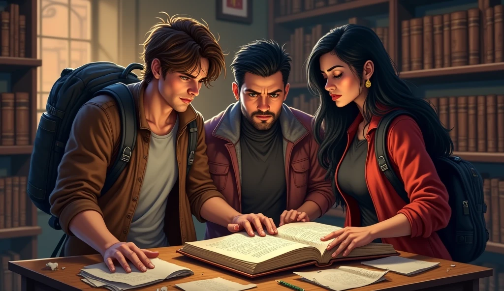 "A close-up of a wooden table cluttered with old papers and a single dusty book. The book has a hidden compartment with a cryptic riddle. The table is surrounded by shelves filled with leather-bound volumes. Alex(Alex: A man with tousled brown hair, dressed in a brown jacket over a gray t-shirt. He has a rugged, adventurous look, carrying a backpack, suggesting he's ready for a journey or an outdoor adventure.) is examining the book, while Jamie (Jamie: A sharp-looking man with short dark hair, wearing a red jacket over a black turtleneck. He has a focused, intense expression, and is also carrying a backpack, giving off the vibe of someone on a mission in an urban environment.) Priya(Priya: A woman with long black hair, dressed in traditional attire with gold earrings. She has a serious, contemplative expression, standing in a warmly lit setting, suggesting depth and mystery in her character.) scans the room for additional clues."