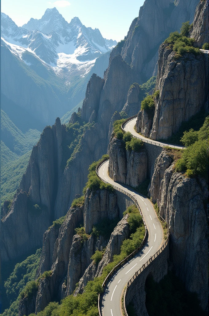 Aerial view of a winding, steep road with cliffs